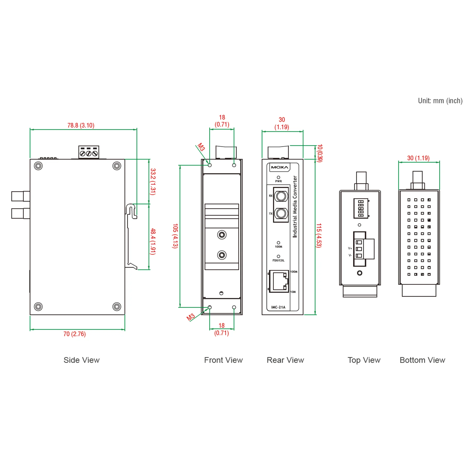 Медиаконвертер Ethernet 10/100BaseTX в 100BaseFX (одномодовое оптоволокно) в металлическом корпусе, с расширенным диапазоном температур MOXA
