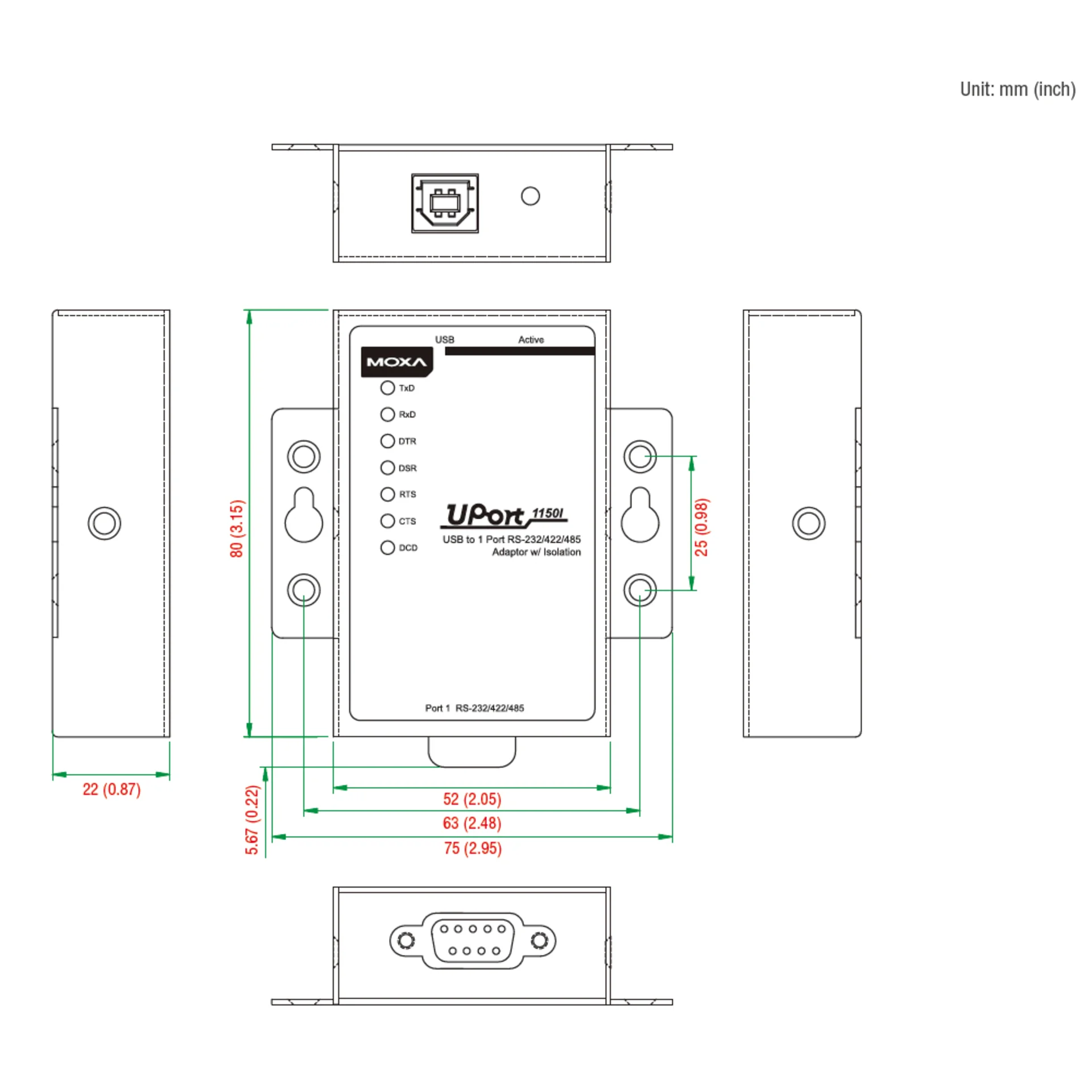 UPort 1150I 1-портовый преобразователь USB в RS-232/422/485 с изоляцией 2 КВ MOXA