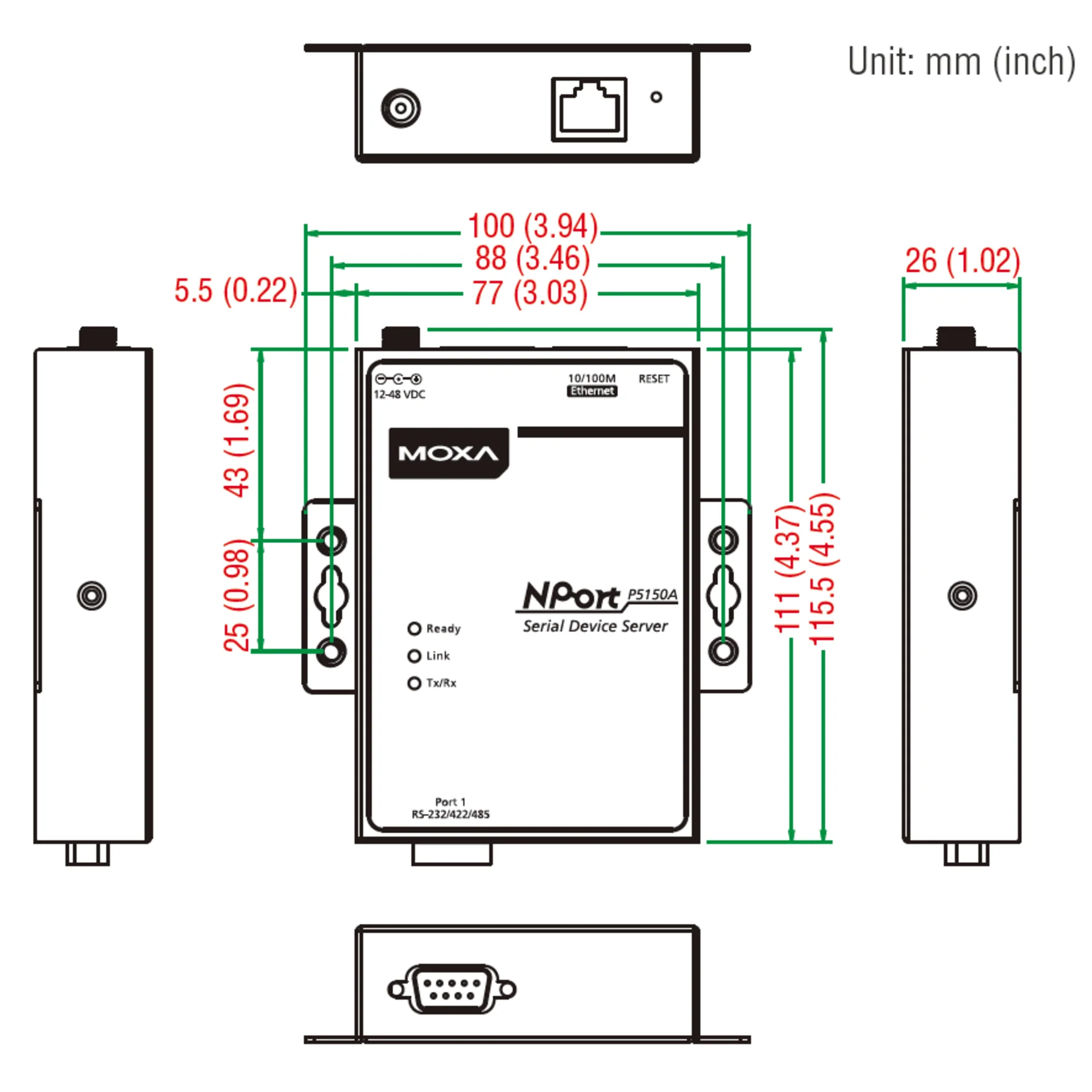 NPort P5150A 1-портовый сервер RS-232/422/485 в Ethernet с возможностью питания через Ethernet (PoE, стандарт IEEE 802.3af) MOXA
