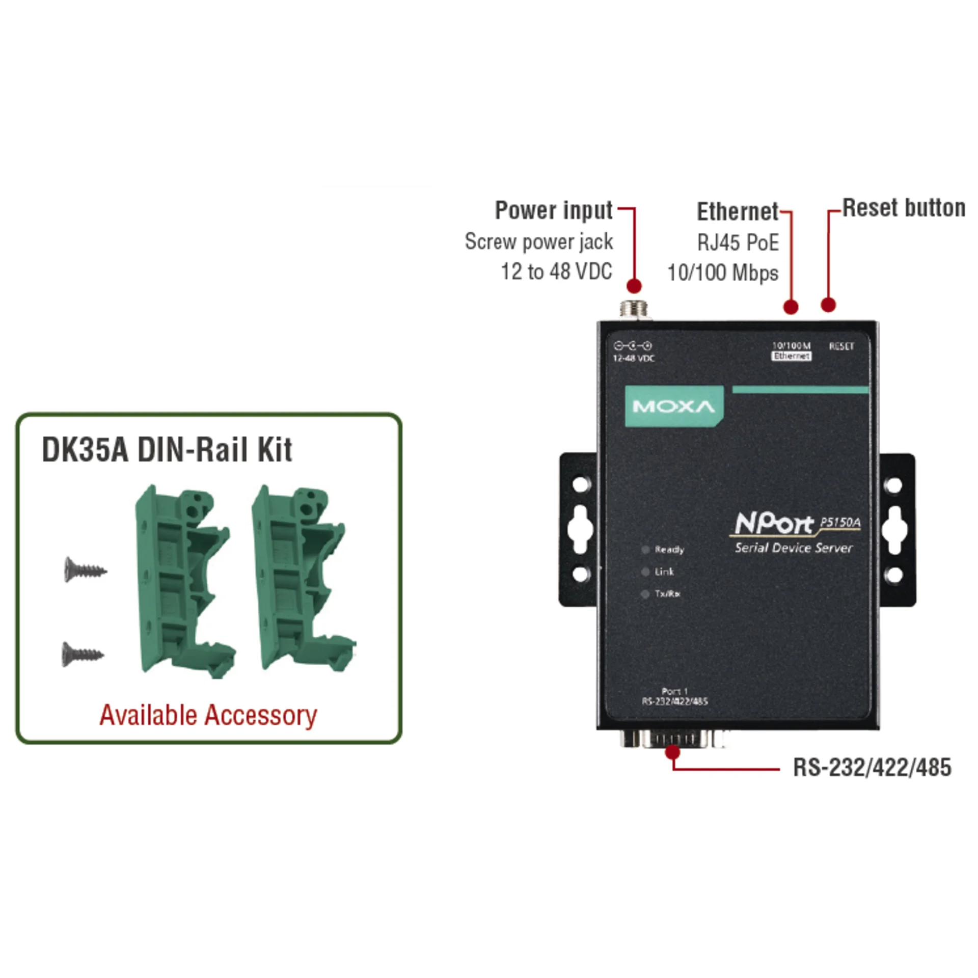 NPort P5150A 1-портовый сервер RS-232/422/485 в Ethernet с возможностью питания через Ethernet (PoE, стандарт IEEE 802.3af) MOXA