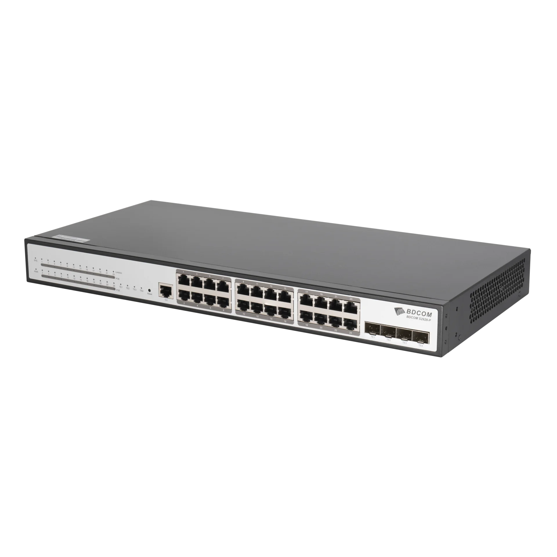 Управляемый PoE коммутатор уровня 3 BDCOM S2900-24P4X, 24x 10/100/1000Base-T PoE 802.3af/at до 370W, 4x 1/10GE SFP+, 220VAC + 36-72VDC