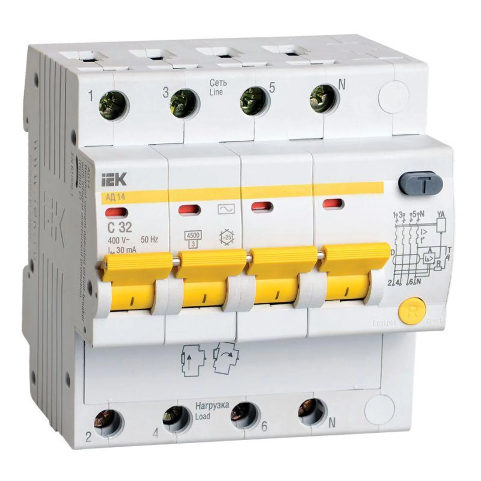 Выключатель автоматический дифференциального тока 4п C 32А 30мА тип AC 4.5кА АД-14 IEK MAD10-4-032-C