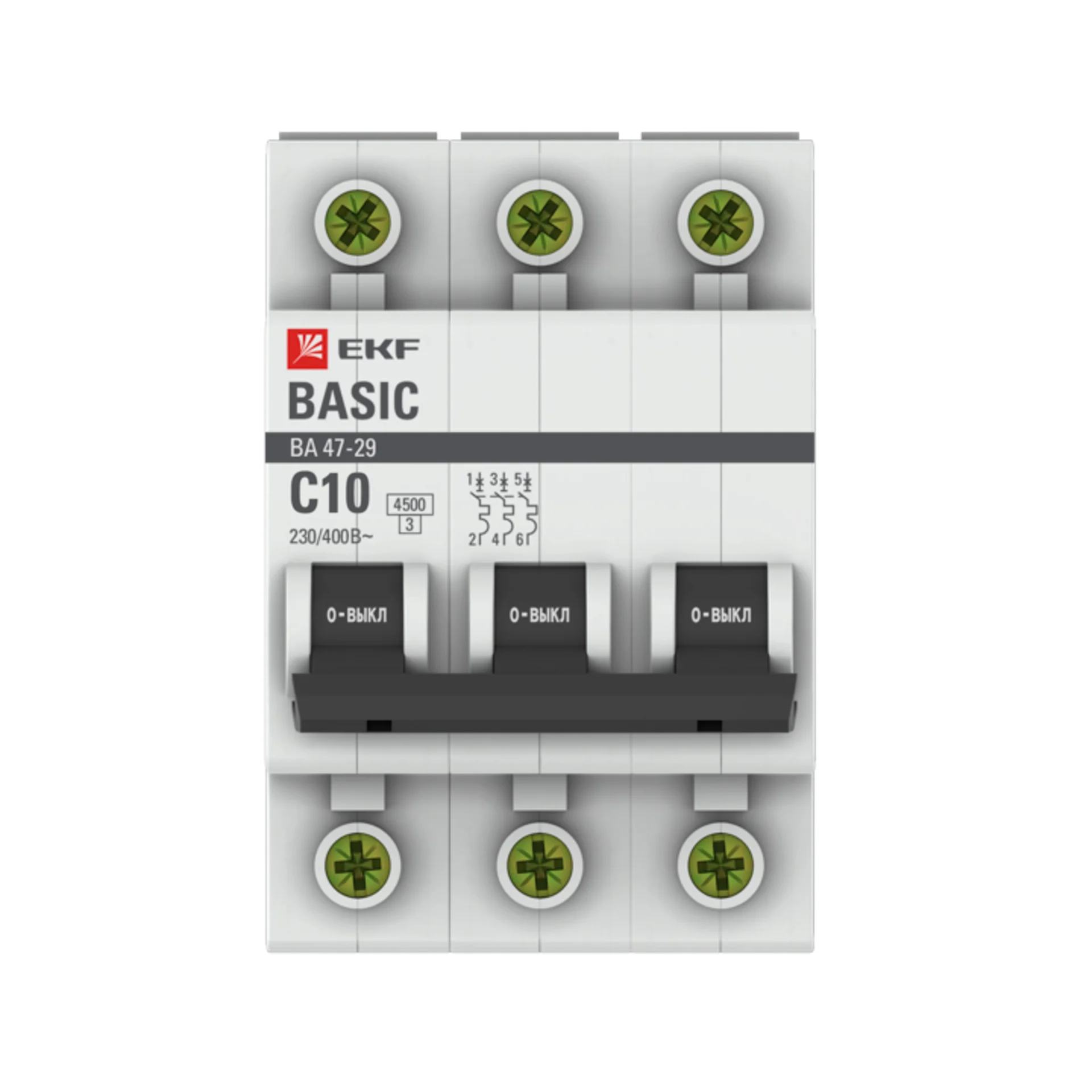 Выключатель автоматический модульный 3п C 10А 4.5кА ВА 47-29 Basic EKF mcb4729-3-10C